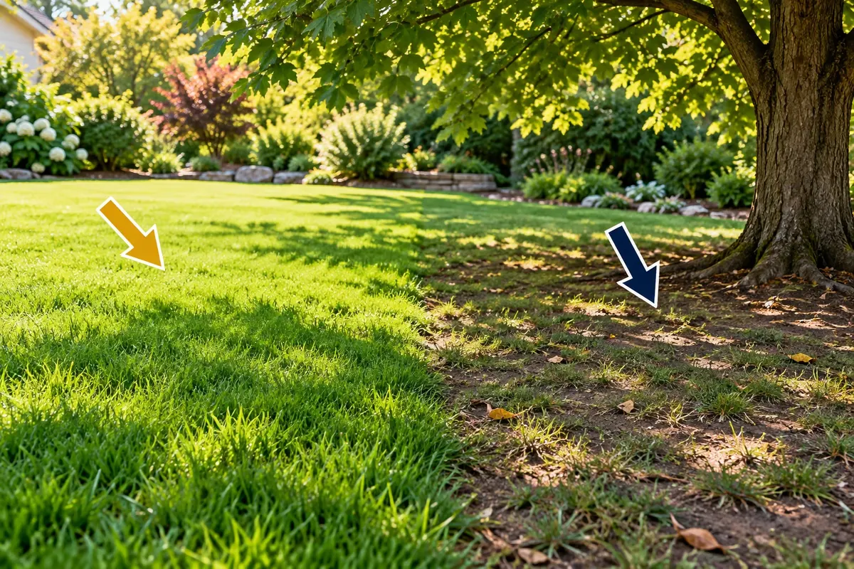 Contraste entre une zone de pelouse ensoleillée et une zone clairsemée à l'ombre