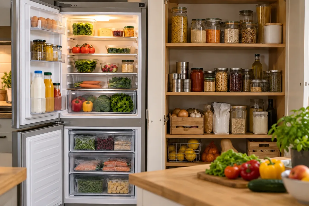 Réfrigérateur et placard ouverts montrant les aliments déjà disponibles