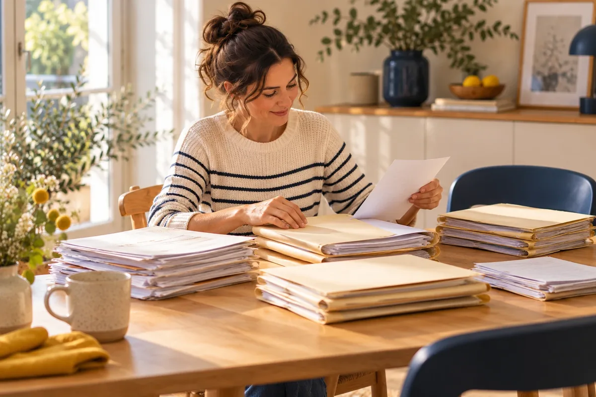 Papiers administratifs triés en piles sur une table