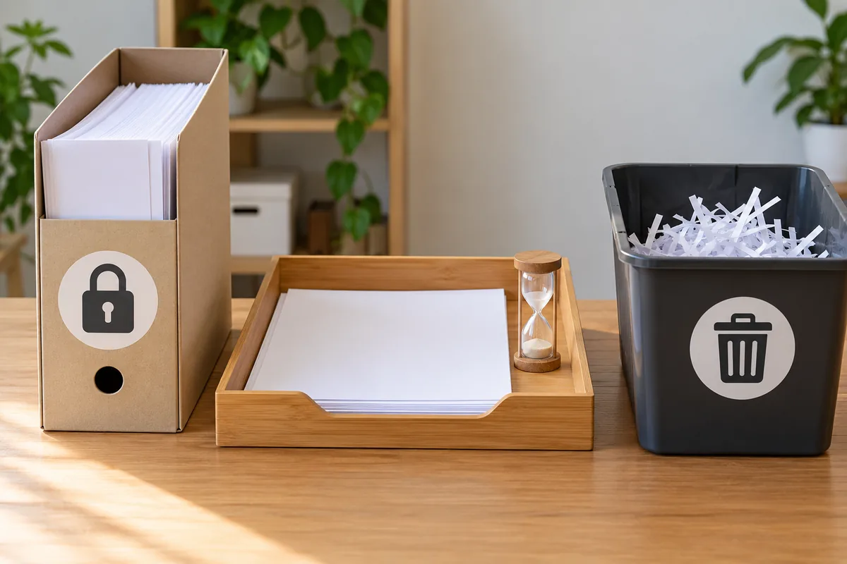 Trois espaces de tri de papiers : une boîte à archives avec un cadenas, une corbeille avec un sablier et un bac de papier déchiqueté.