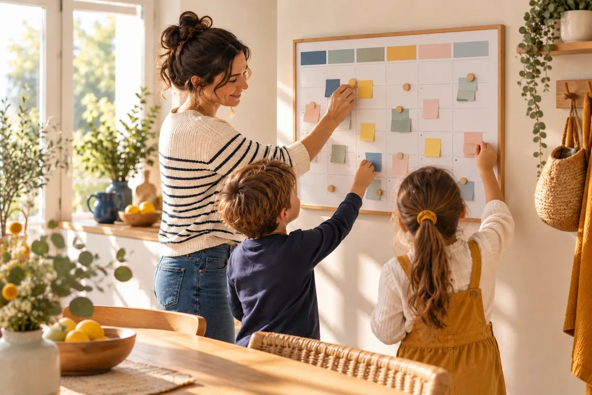 Tableau de planning familial coloré affiché dans l'entrée d'une maison