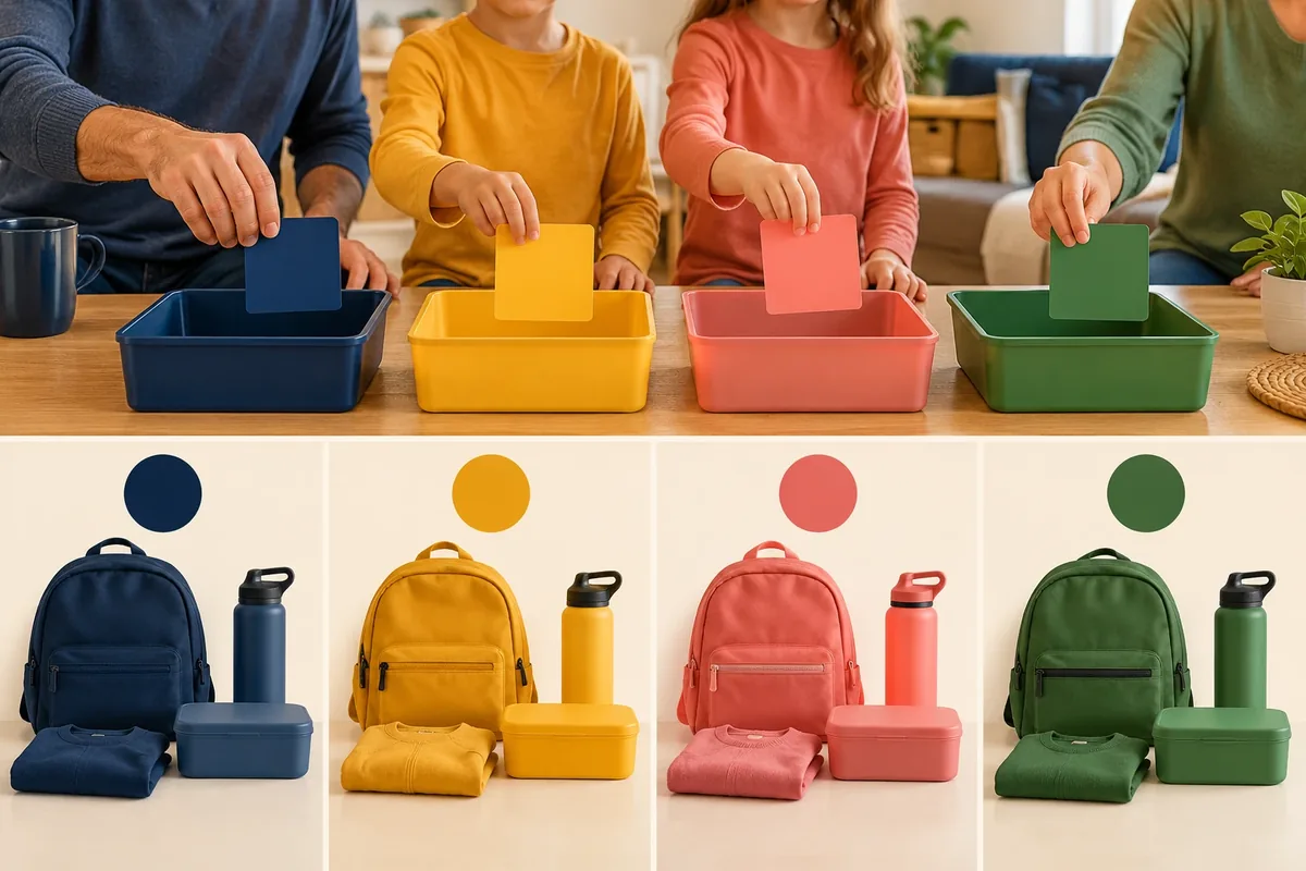 Quatre membres d'une famille déposant chacun une carte dans un bac de sa couleur, avec en dessous sac, gourde et affaires assorties