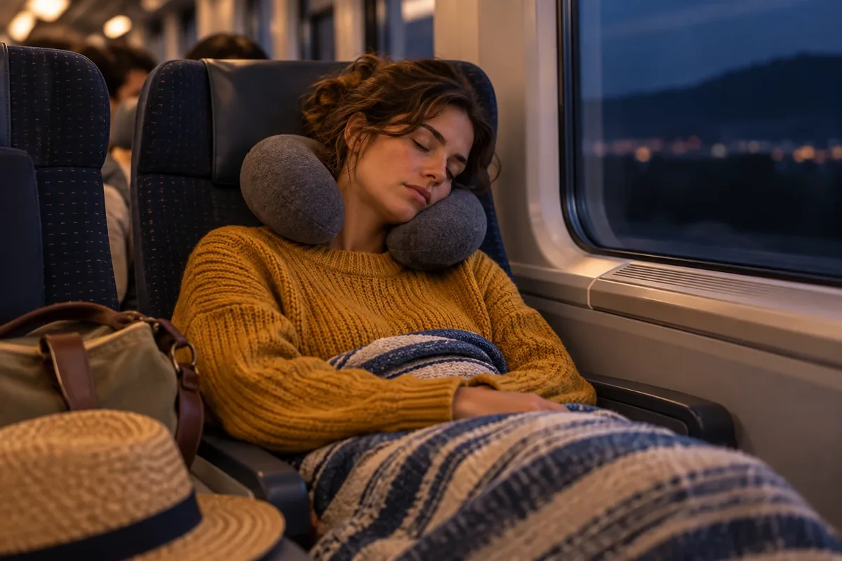 Une personne endormie dans un siège de transport, tête soutenue par un coussin de voyage.