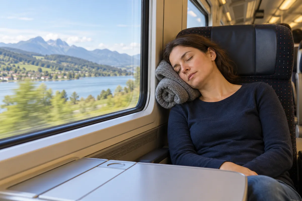 Dans un train, une voyageuse dort la tête calée contre la paroi par un vêtement roulé posé sur l’appui-tête.