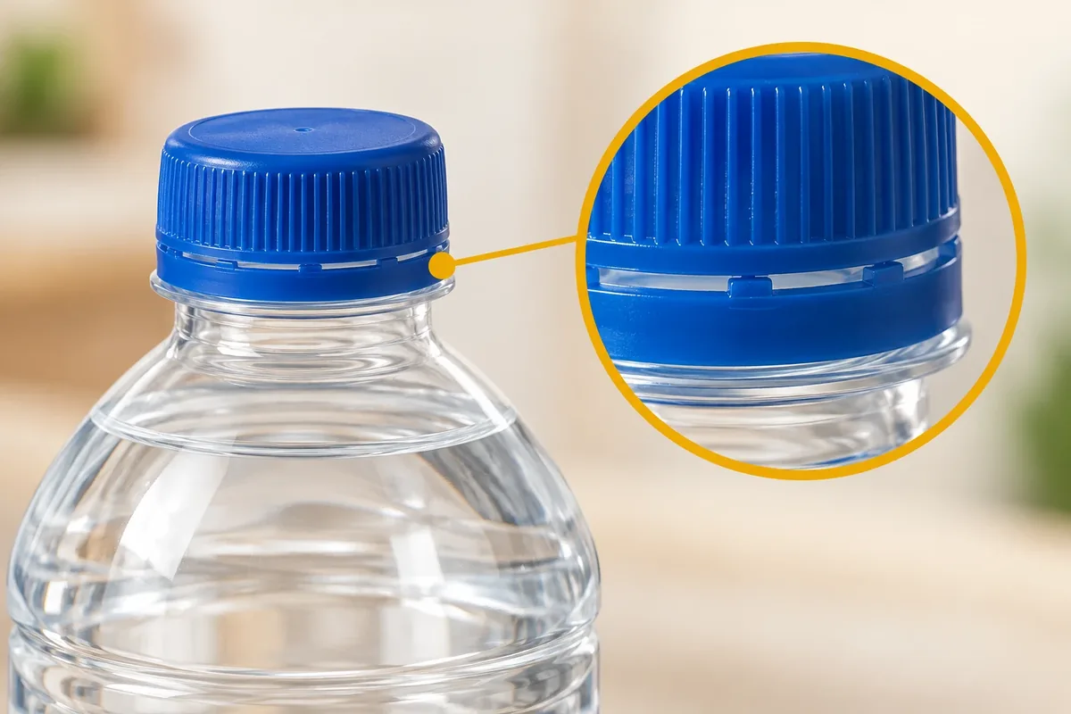 Gros plan annoté sur l'opercule de sécurité intact d'une bouteille d'eau.