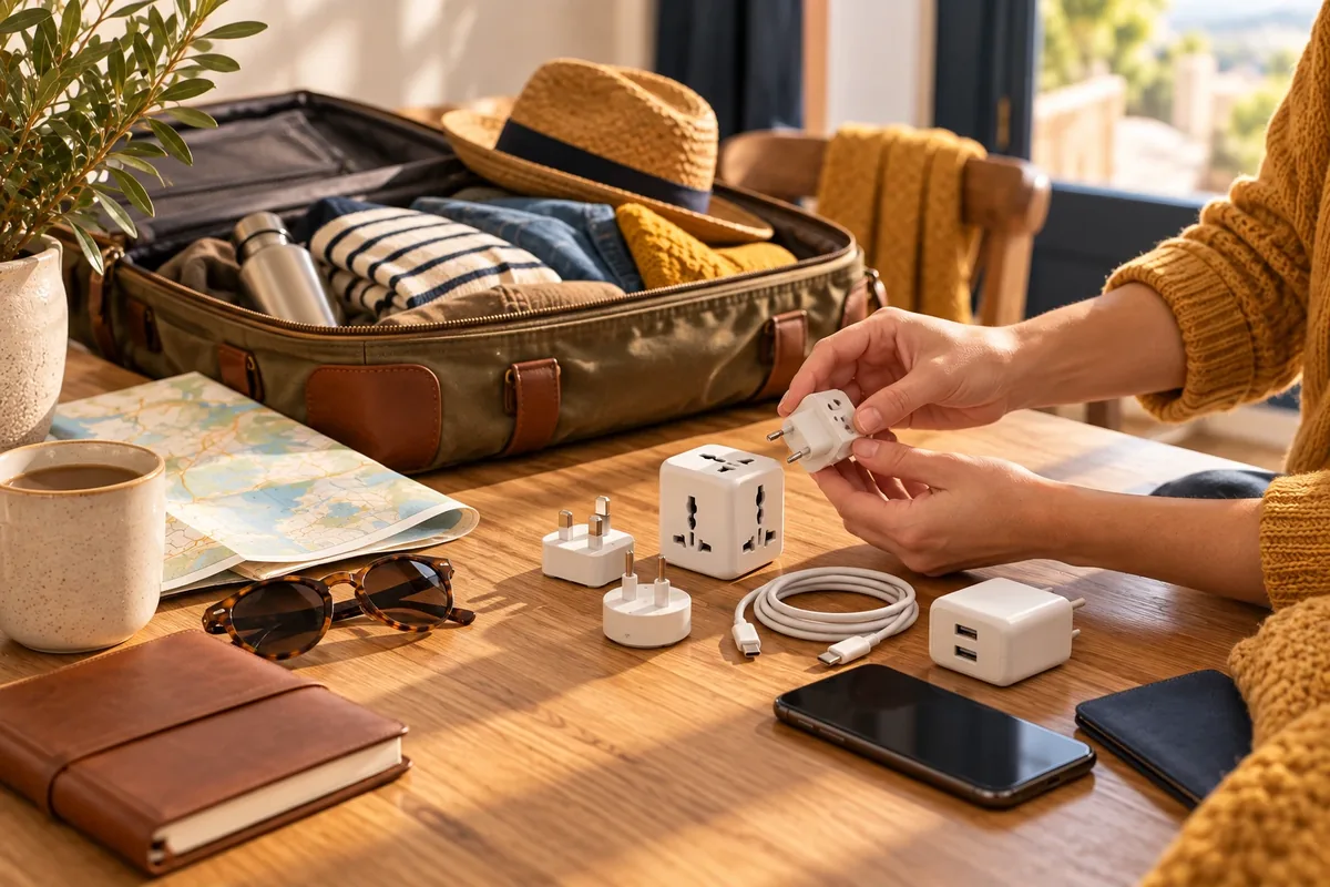 Des chargeurs et un adaptateur de voyage posés sur un bureau avant de préparer une valise.