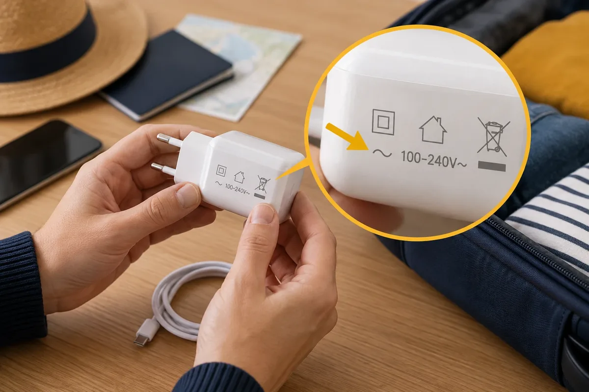 Gros plan annoté sur l'inscription de tension figurant sur un chargeur.