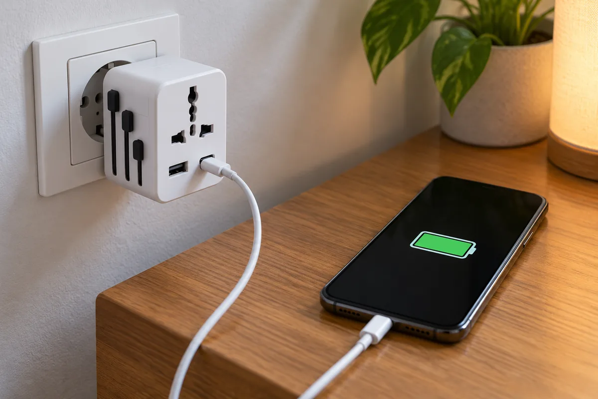 Un adaptateur de voyage universel branché au mur recharge par câble USB-C un téléphone posé sur un meuble, jauge de batterie verte.