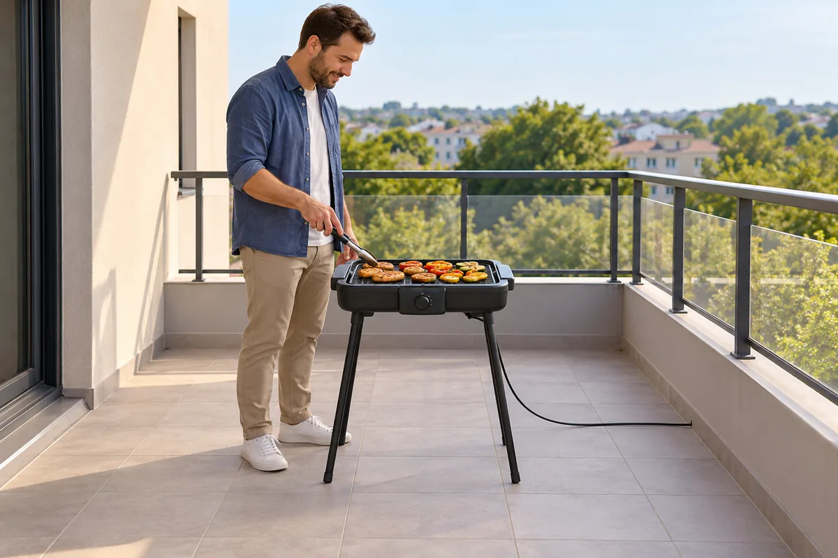 Un homme cuit légumes et saucisses sur un barbecue électrique sur pieds, placé au milieu d’un balcon, loin des murs.
