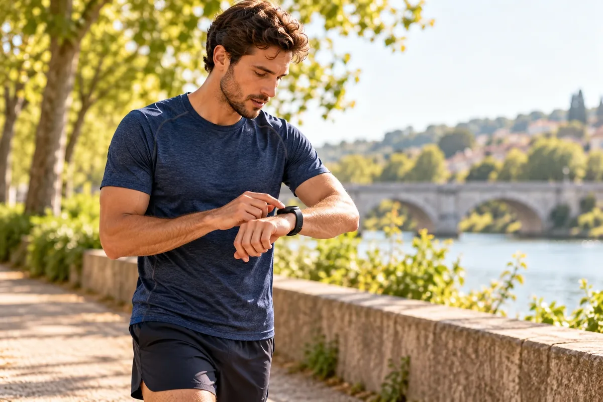 Coureur consultant sa montre cardio au poignet pendant une sortie en extérieur