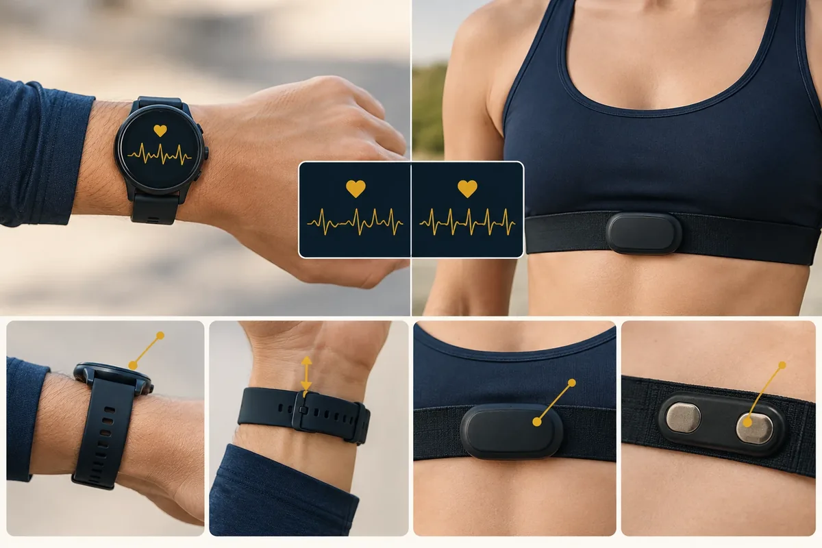 Comparaison du positionnement d'une montre cardio au poignet et d'une ceinture thoracique
