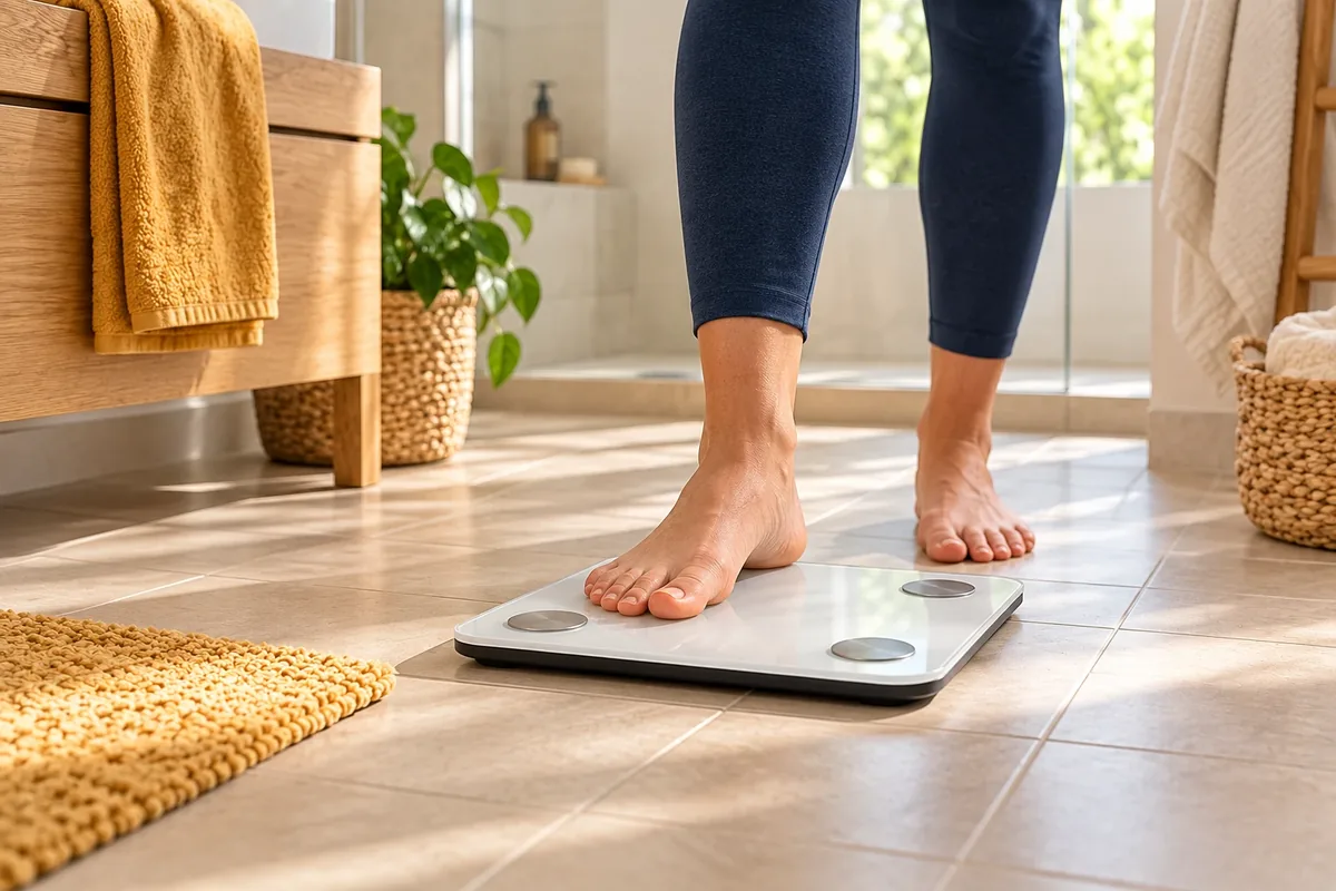 Balance connectée posée sur le sol d'une salle de bain claire