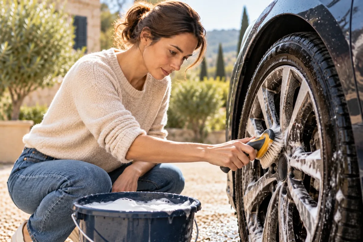 Nettoyage d'une jante de voiture encrassée avec une brosse souple