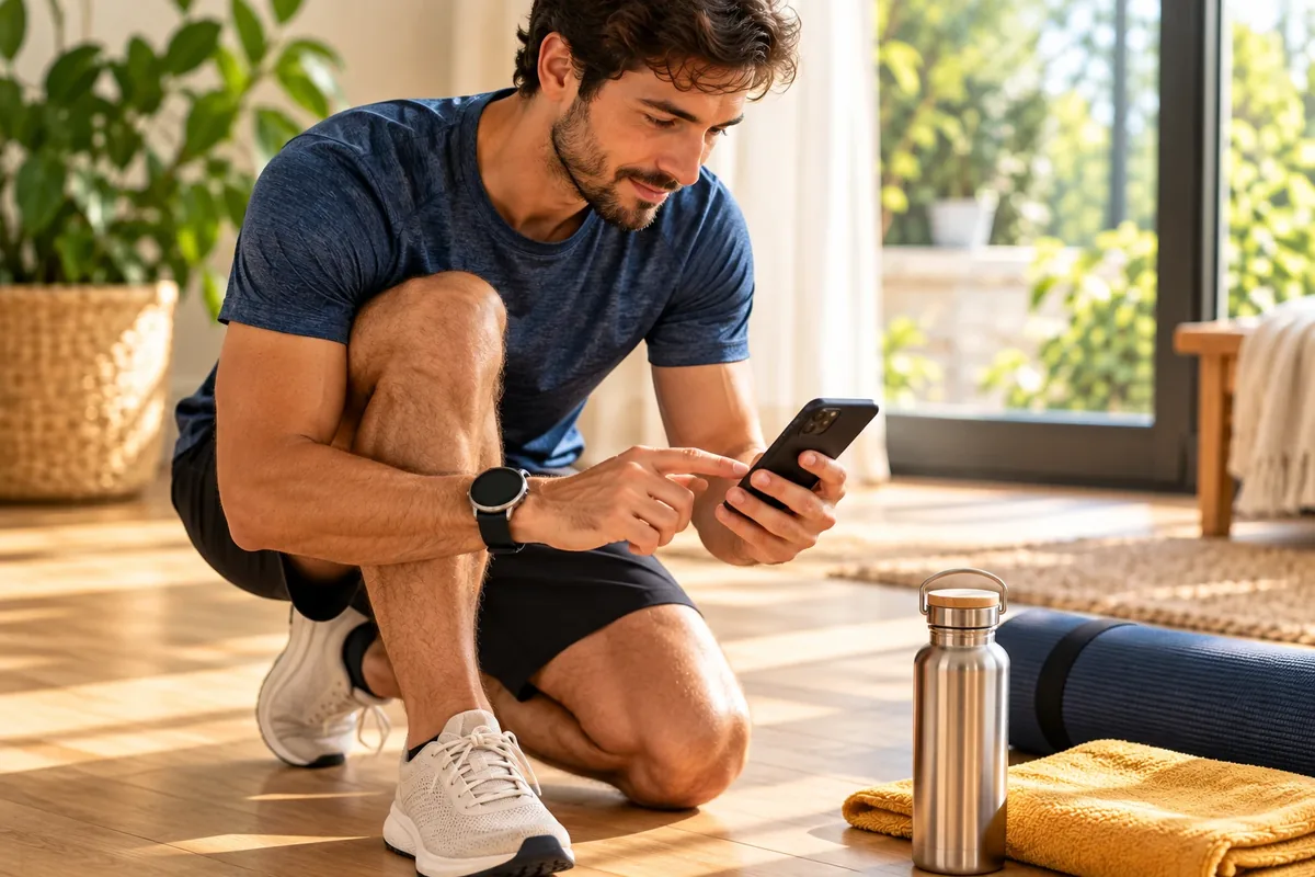 Coureur démarrant une application de suivi sur son téléphone avant de partir courir