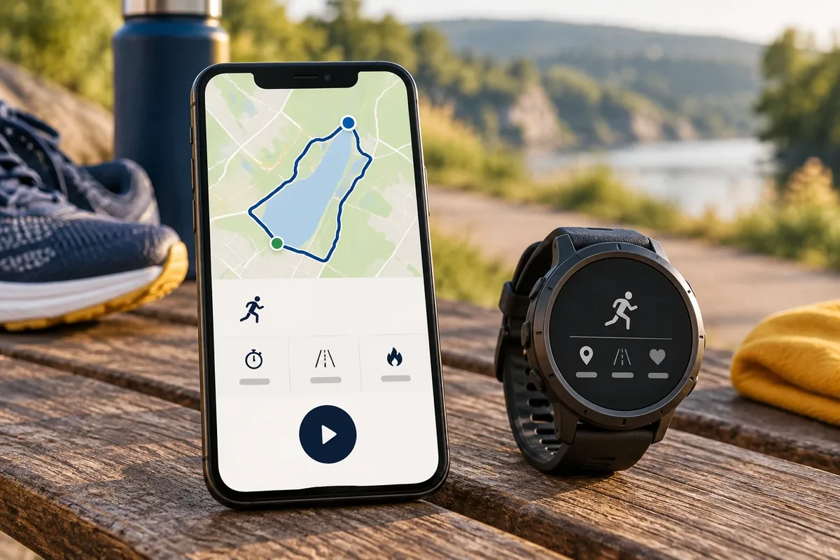 Téléphone avec application de course et montre GPS posés côte à côte
