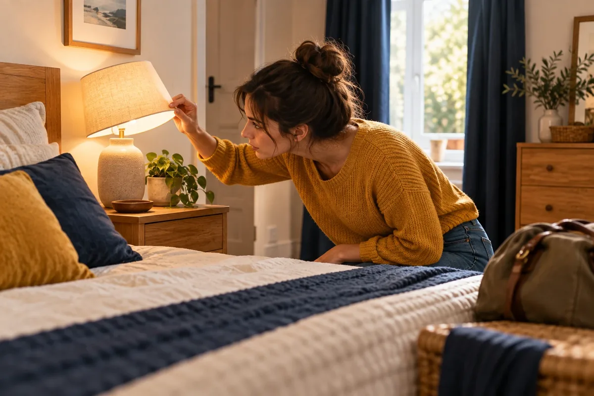 Une chambre de location meublée simplement, avec un lit et une table de chevet.
