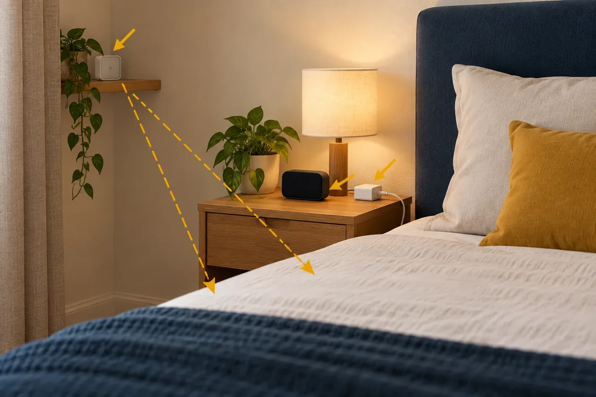 Schéma annoté d'objets du quotidien orientés vers un lit, à examiner par prudence.