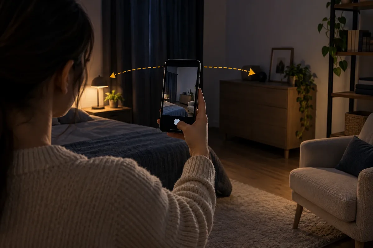 Une personne balaie une pièce sombre avec l'appareil photo de son téléphone.
