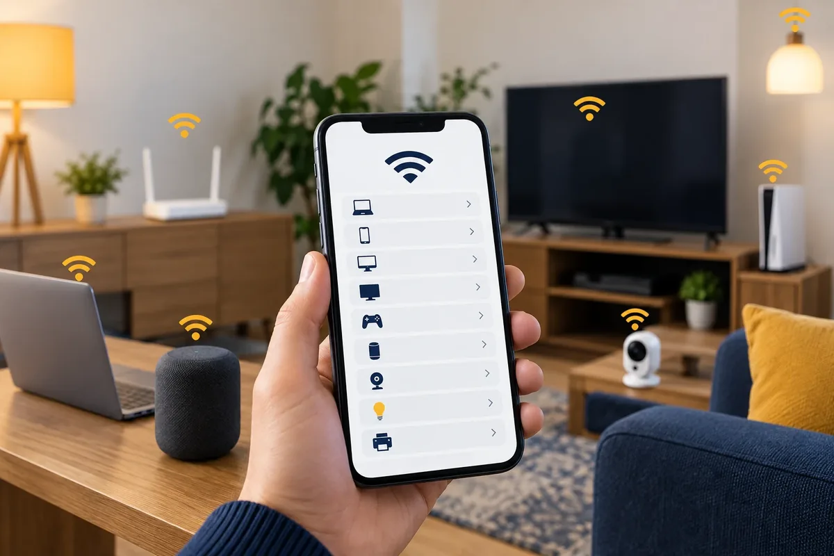 Un téléphone affichant une liste générique d'appareils connectés au réseau Wi-Fi.