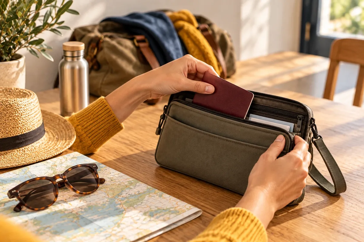 Un passeport générique et une pochette de rangement posés sur une table avant un départ en voyage.