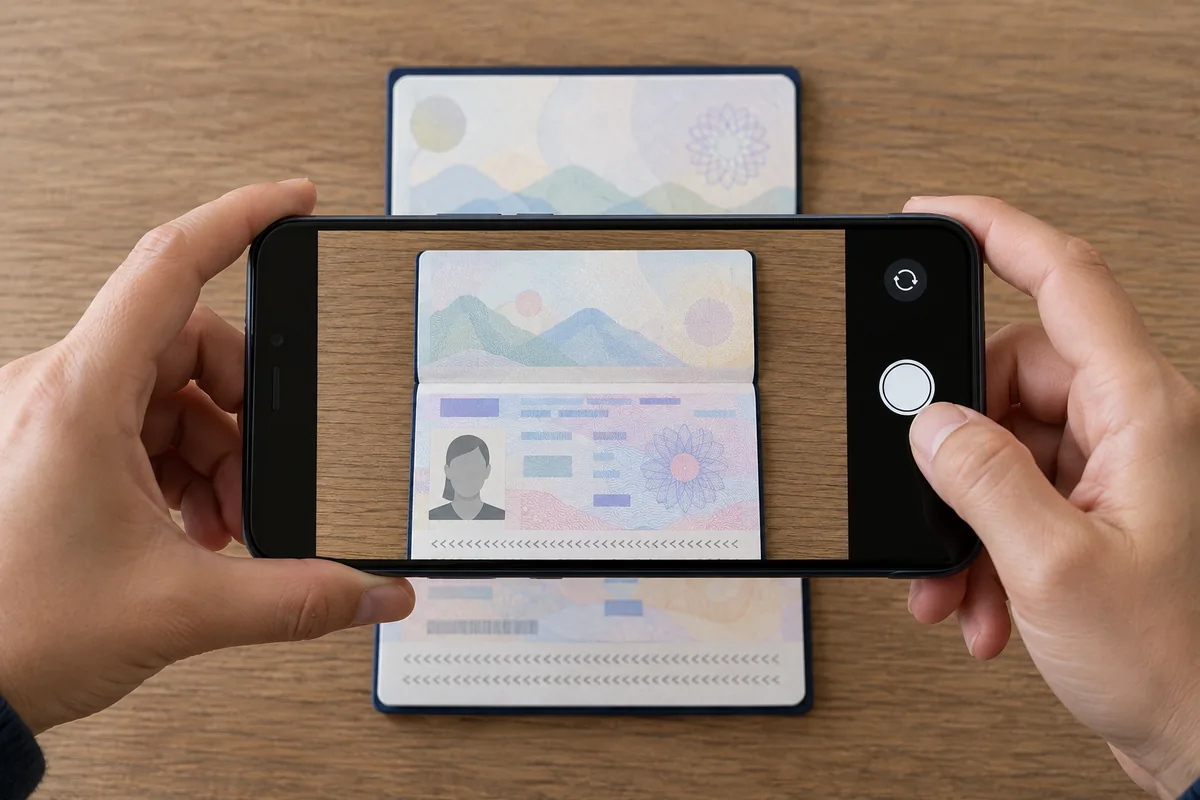 Deux mains photographient avec un téléphone un passeport ouvert à plat, cadré en entier, sans reflet et sans doigt sur le document.