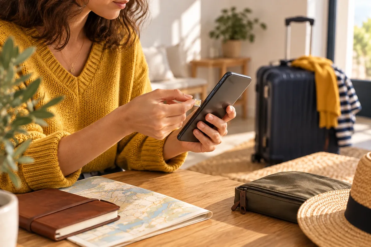Une personne prépare son téléphone avant un départ en voyage, valise en arrière-plan.