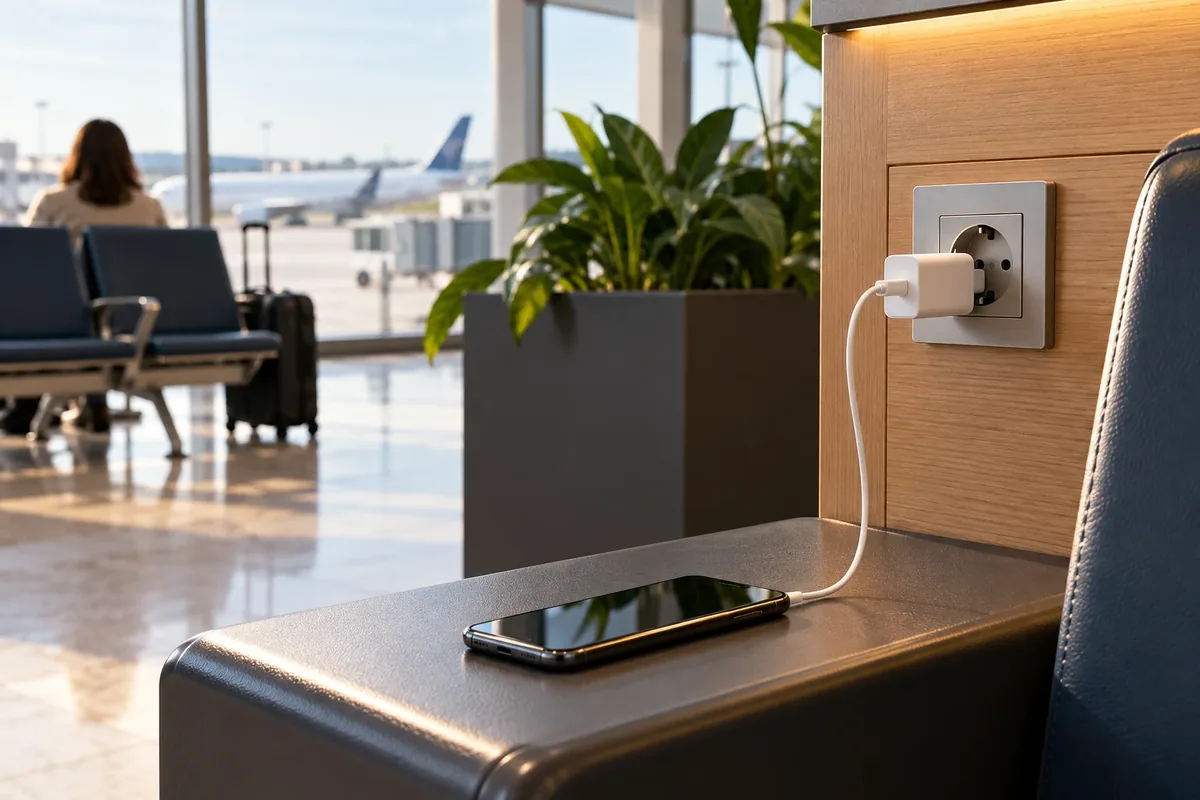 Un téléphone en charge sur une prise murale dans un espace d'attente.
