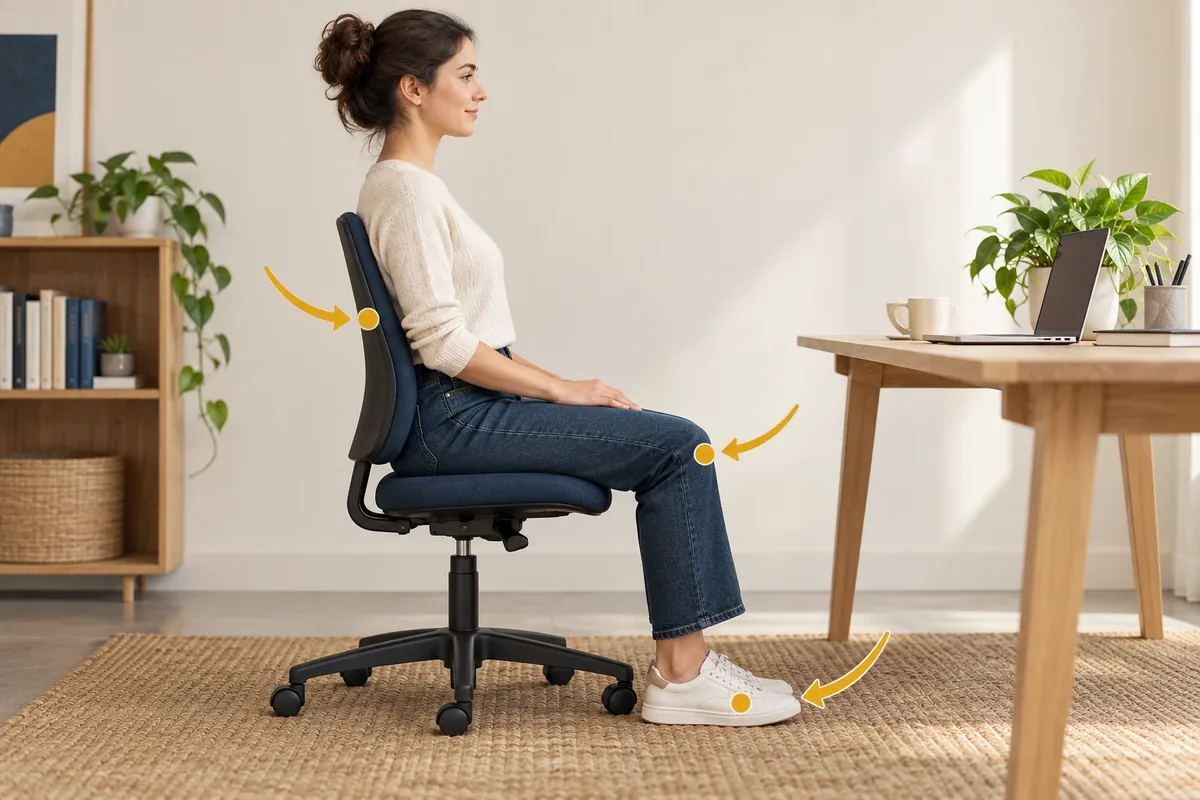 Posture assise annotée montrant pieds, genoux et dos soutenu