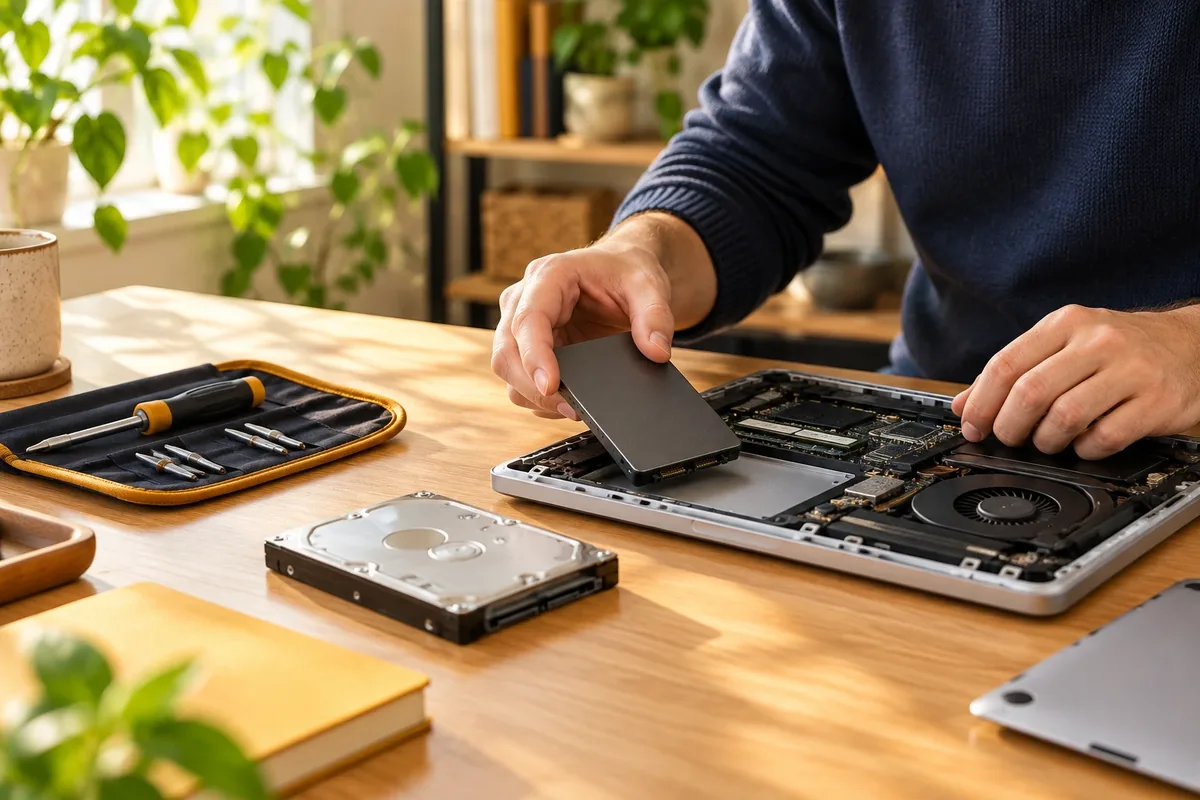 Main tenant un SSD au-dessus d'un ordinateur portable ouvert par le dessous, disque dur 2,5 pouces et tournevis posés sur la table