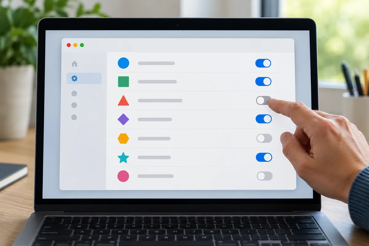 Un doigt désigne une liste d’applications avec interrupteurs sur l’écran d’un ordinateur portable, certaines activées, d’autres désactivées.
