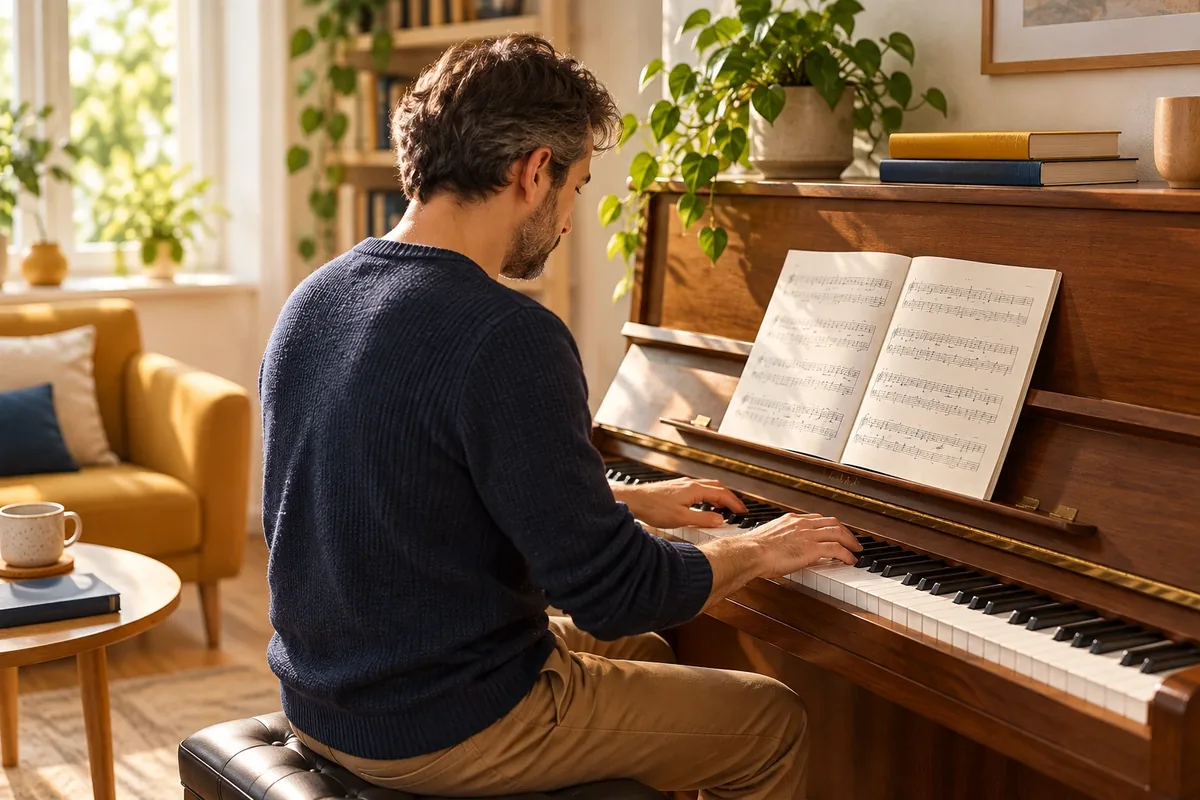 Adulte pratiquant seul le piano dans un salon lumineux