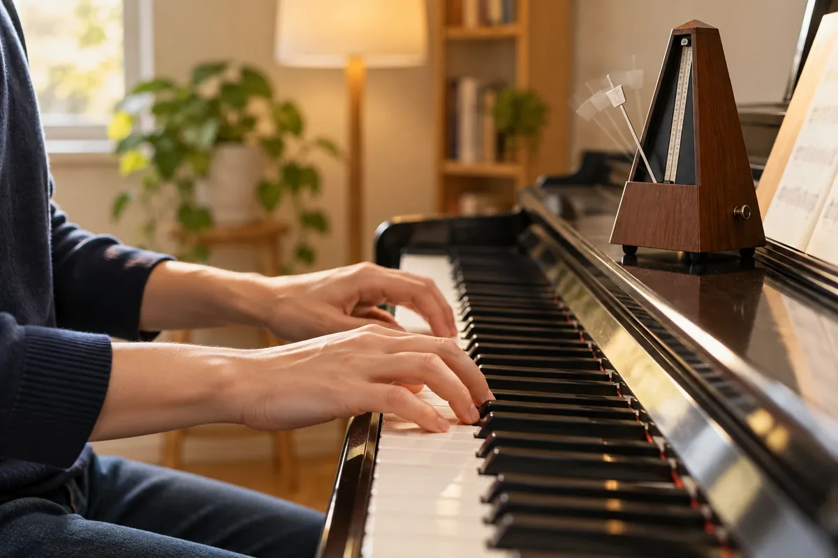 Mains sur un piano avec un métronome posé à côté du clavier