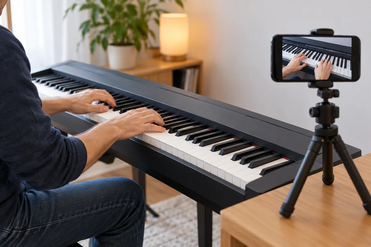 Un téléphone posé sur un petit trépied, à distance du clavier, filme les mains d’un adulte qui joue sur un piano numérique.