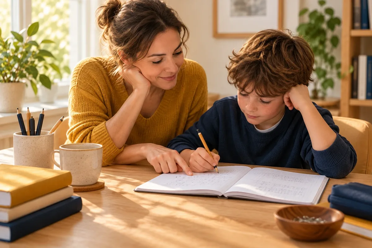 Parent aidant un enfant sur un exercice de mathématiques à la table