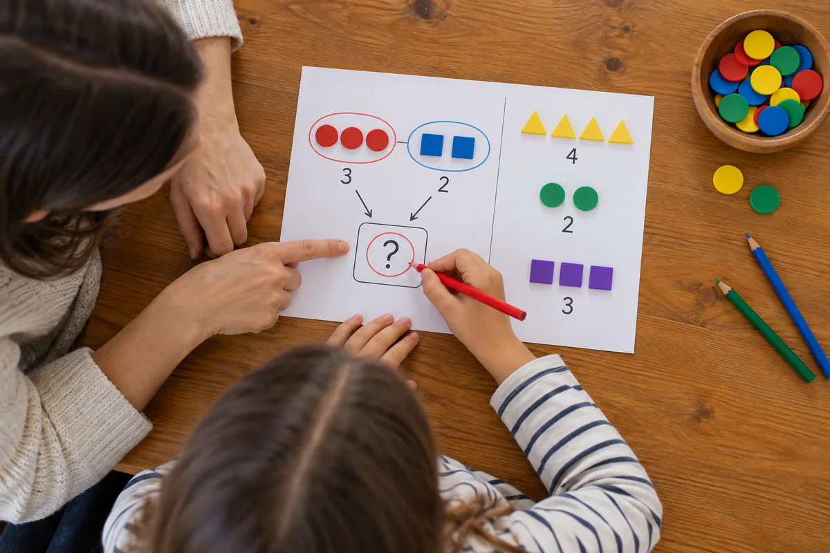 Un enfant entoure au crayon rouge la question d’un exercice de calcul illustré par des jetons, guidé par le doigt d’un adulte.
