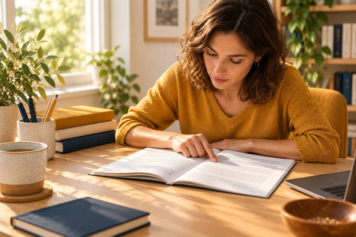 Adulte lisant attentivement un document à son bureau
