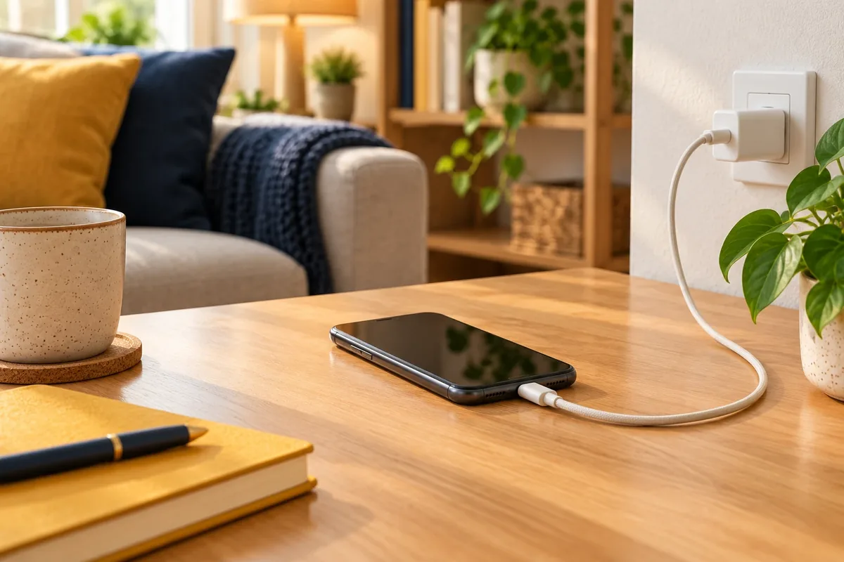 Smartphone générique en charge sur une table, dans une pièce tempérée