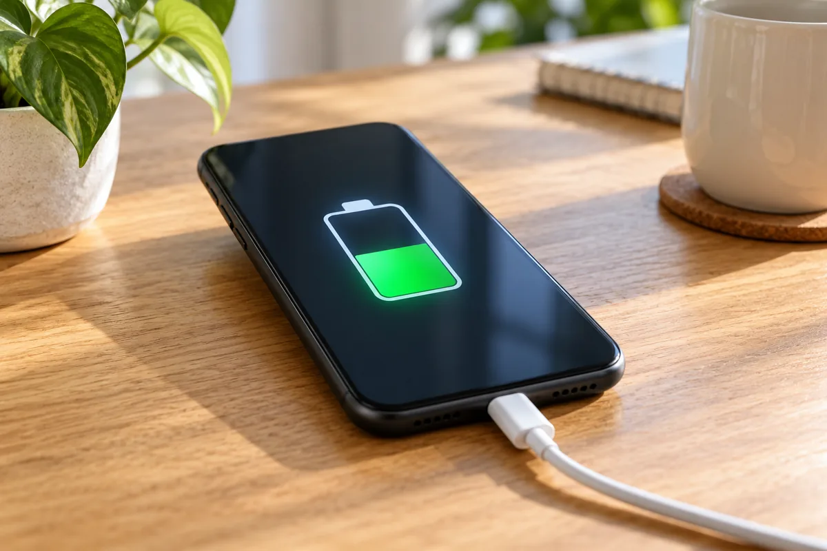 Un téléphone branché sur un bureau affiche une batterie chargée à moitié environ, illustrant une charge en zone intermédiaire.