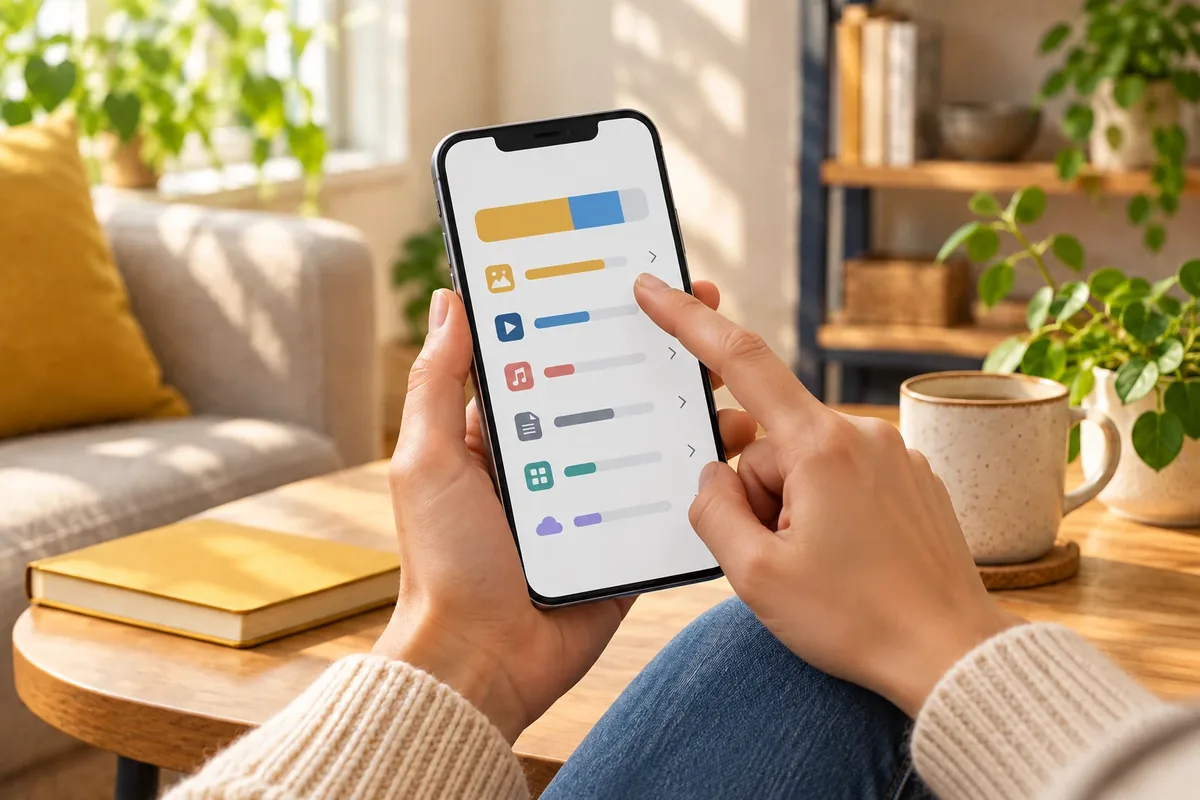 Personne consultant l'espace de stockage de son smartphone