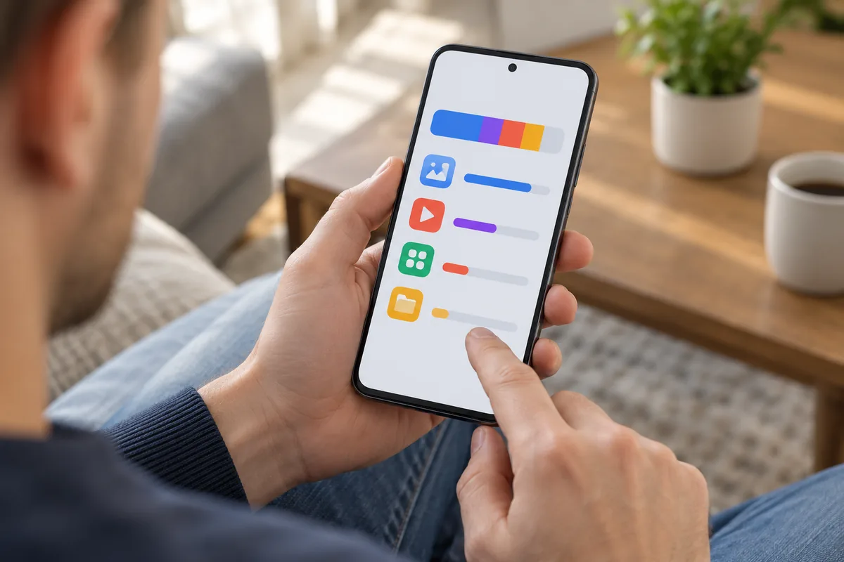 Un smartphone affiche la répartition de son stockage par catégorie : photos, vidéos, applications et fichiers, classés par taille.