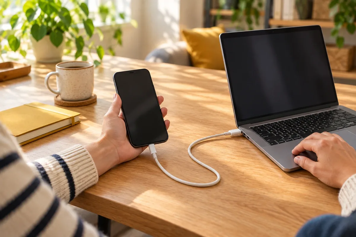 Smartphone connecté à un ordinateur portable pour une sauvegarde de photos