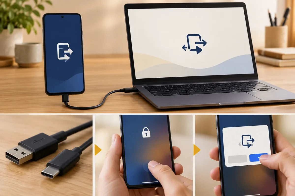 Câble reliant un smartphone à un ordinateur portable pour le transfert de photos