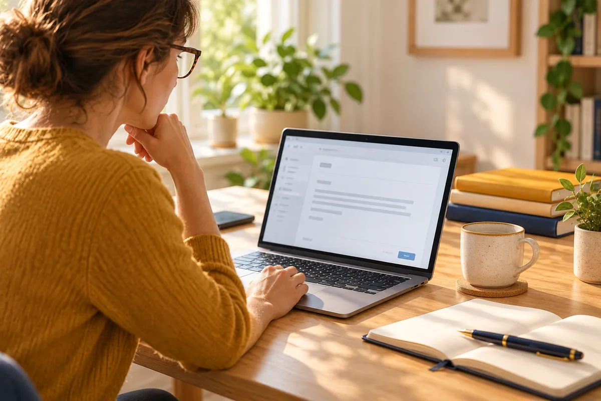 Personne relisant un mail professionnel avant envoi