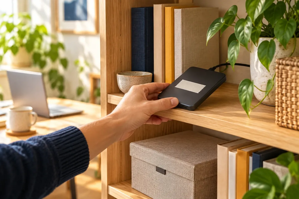 Disque dur externe étiqueté rangé sur une étagère