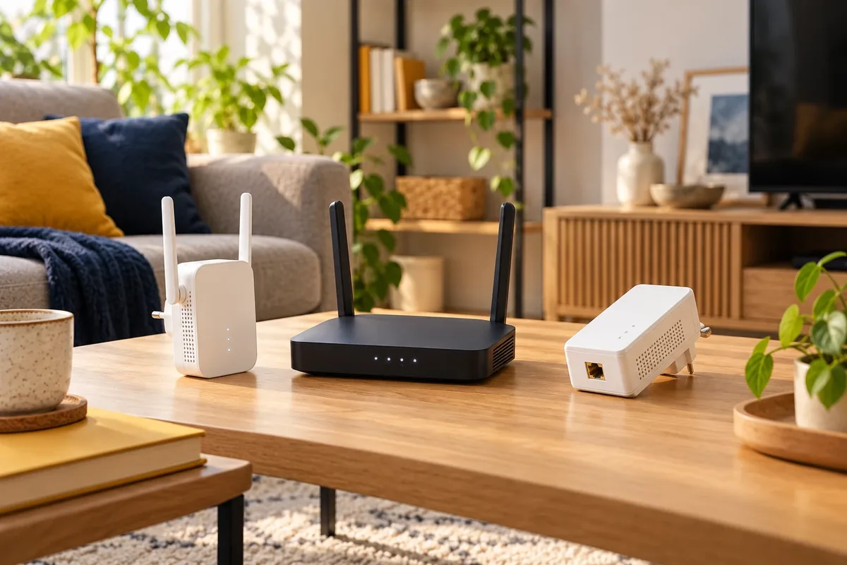 Box internet générique posée dans un salon chaleureux