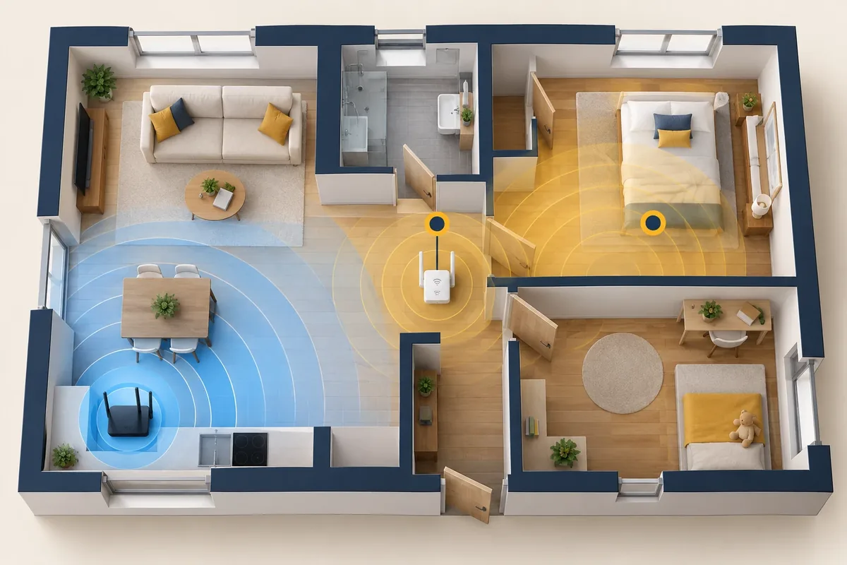 Schéma d'un logement montrant le placement à mi-distance d'un répéteur Wi-Fi