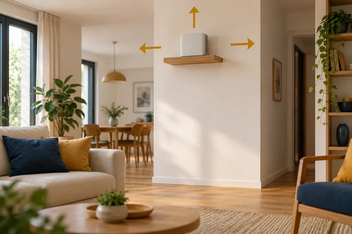 Box internet positionnée en hauteur, dans un espace dégagé et central