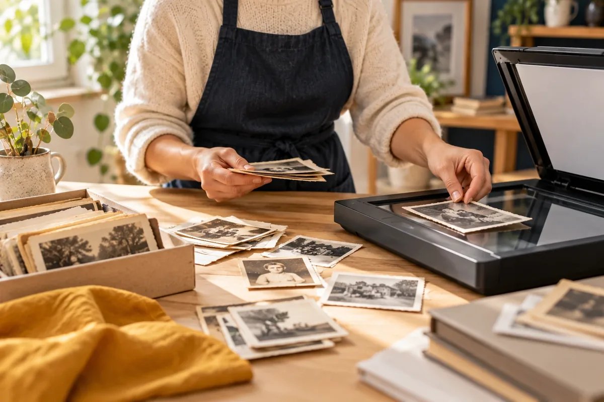 Photographies anciennes disposées près d'un scanner sur une table