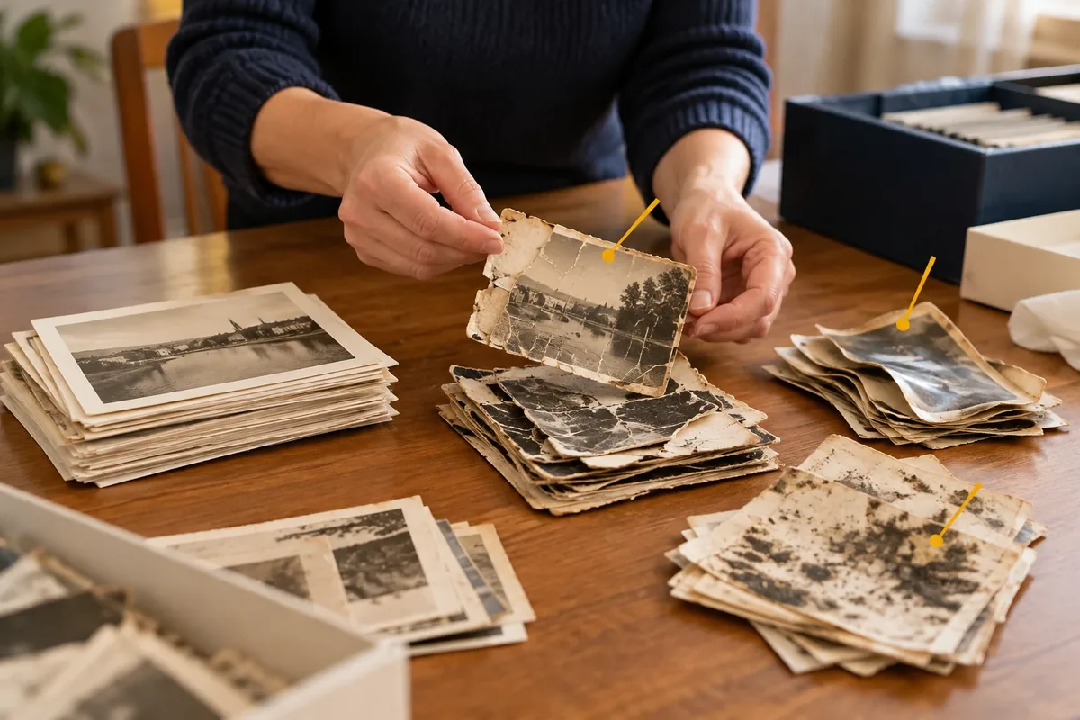 Tri de photographies anciennes en piles selon leur état de conservation