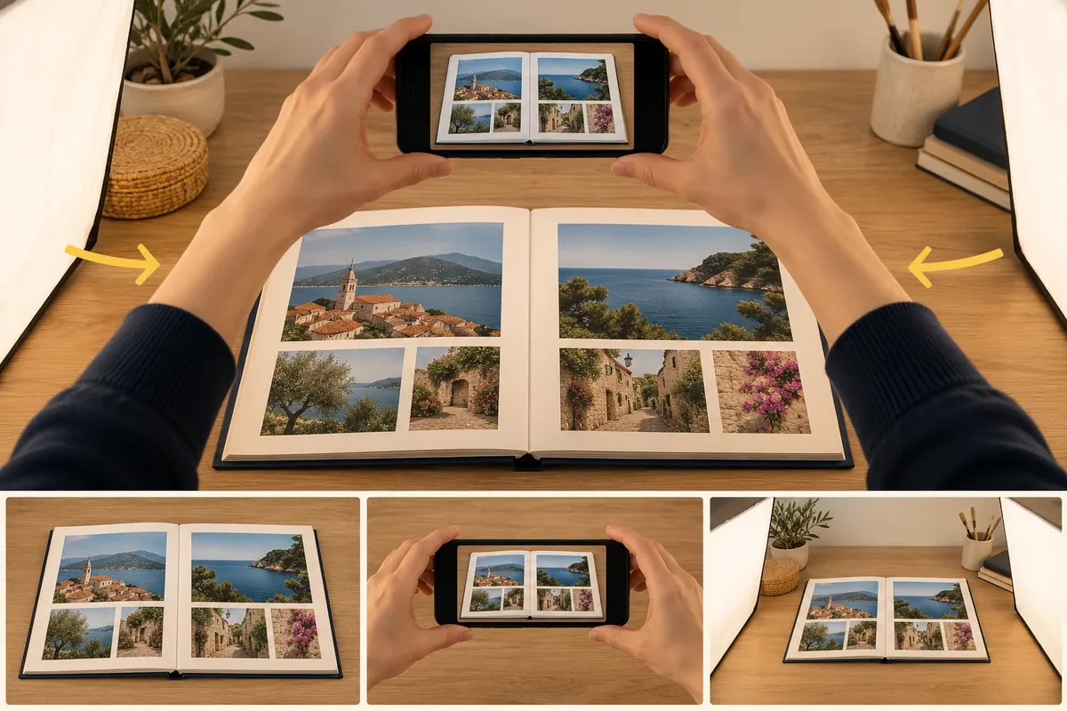 Smartphone photographiant un album photo à plat avec lumière diffuse latérale